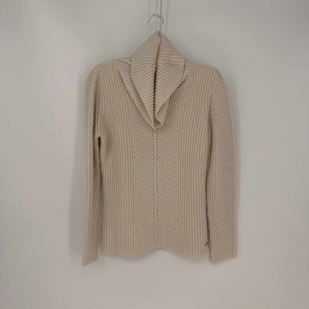 Tahari Sweater Womens Medium Cream Cowl Neck Ribbed Wool Blend Pullover Layering